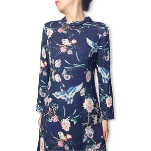 Oriental Floral Wool Longsleeve Dress Size M